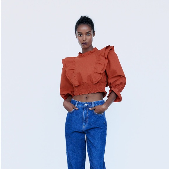 ZARA - RUFFLED POPLIN SHIRT - Burnt Orange - Picture 6 of 11